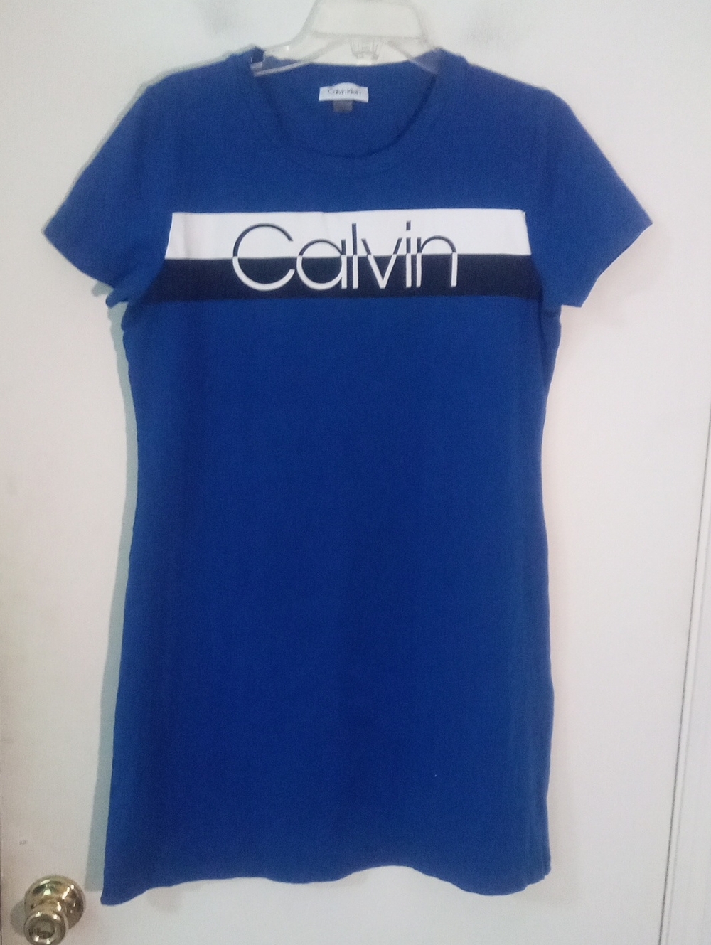 *:Calvin Klein Royal Blue Short-Sleeve Logo Mini Dress Large New NWOT Stripes